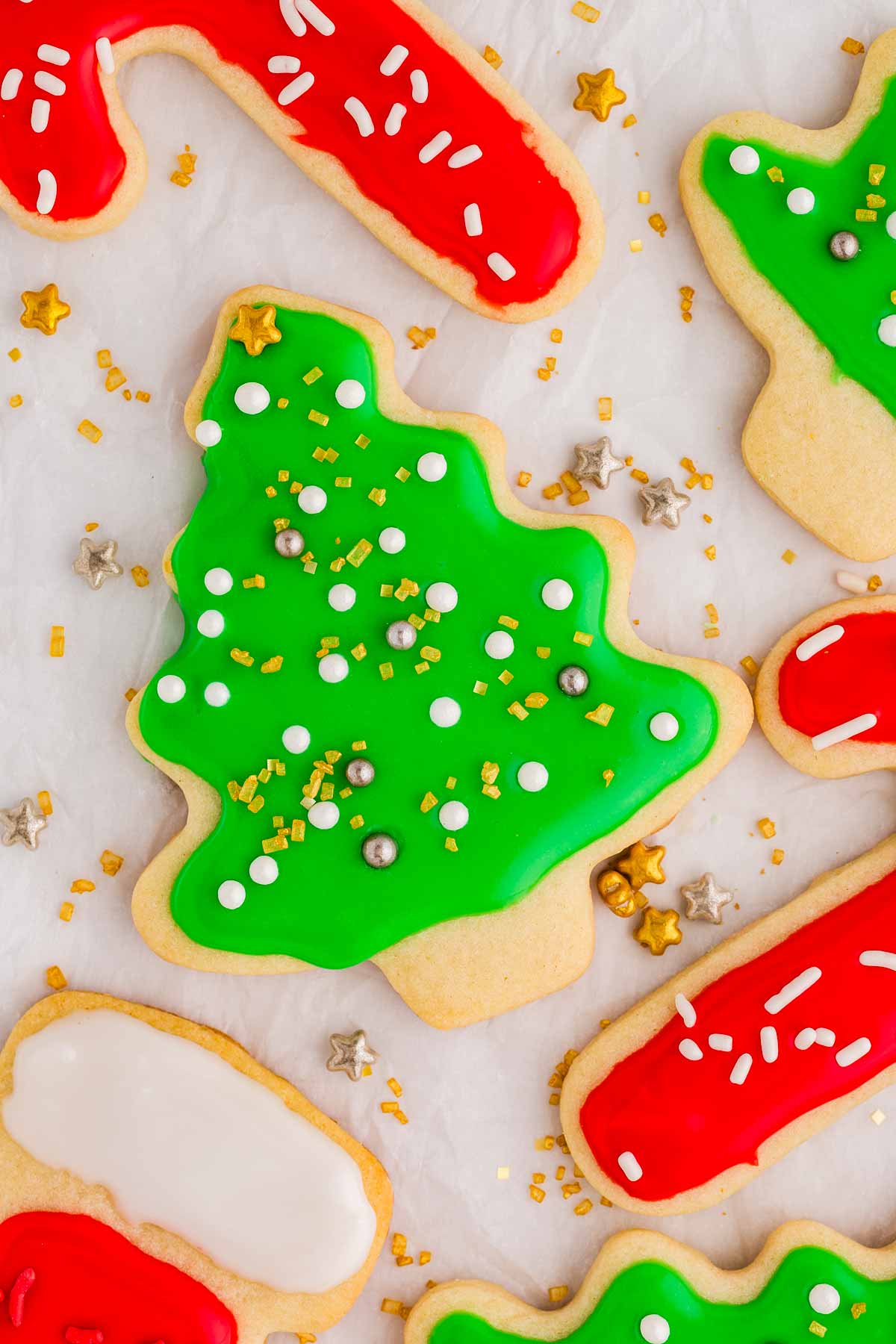 overhead view of Christmas decorated sugar cookies on wire rack