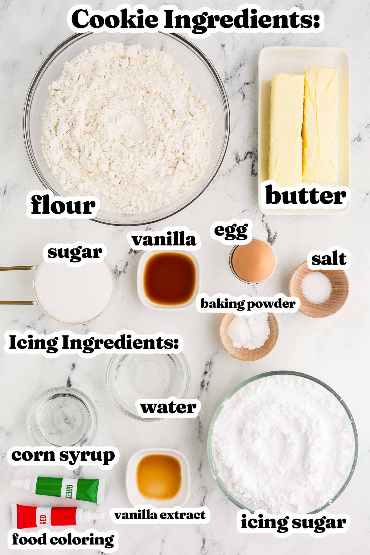 overhead view of ingredients to make sugar cookies with text labels