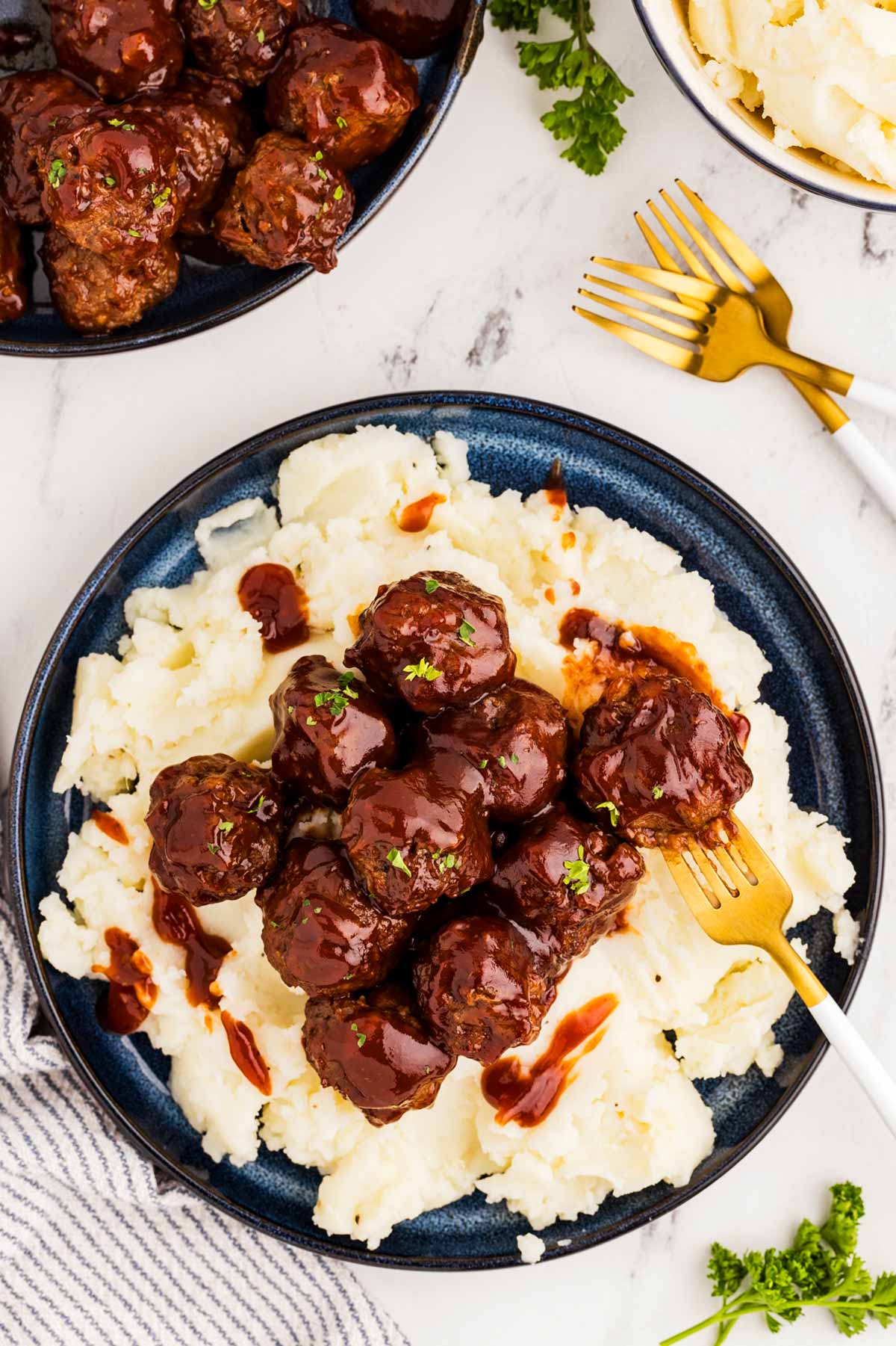 overhead view of meatballs on mashed potatoes