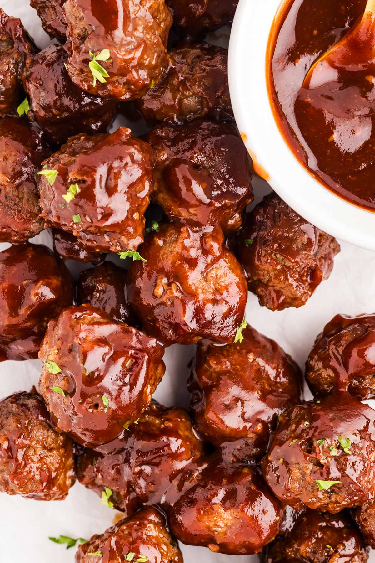 overhead view of bbq meatballs on serving platter