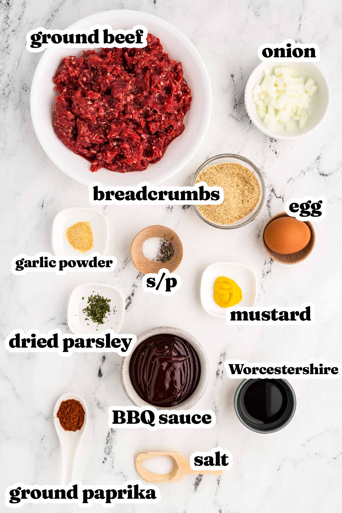 overhead view of ingredients to make slow cooker meatballs with text labels