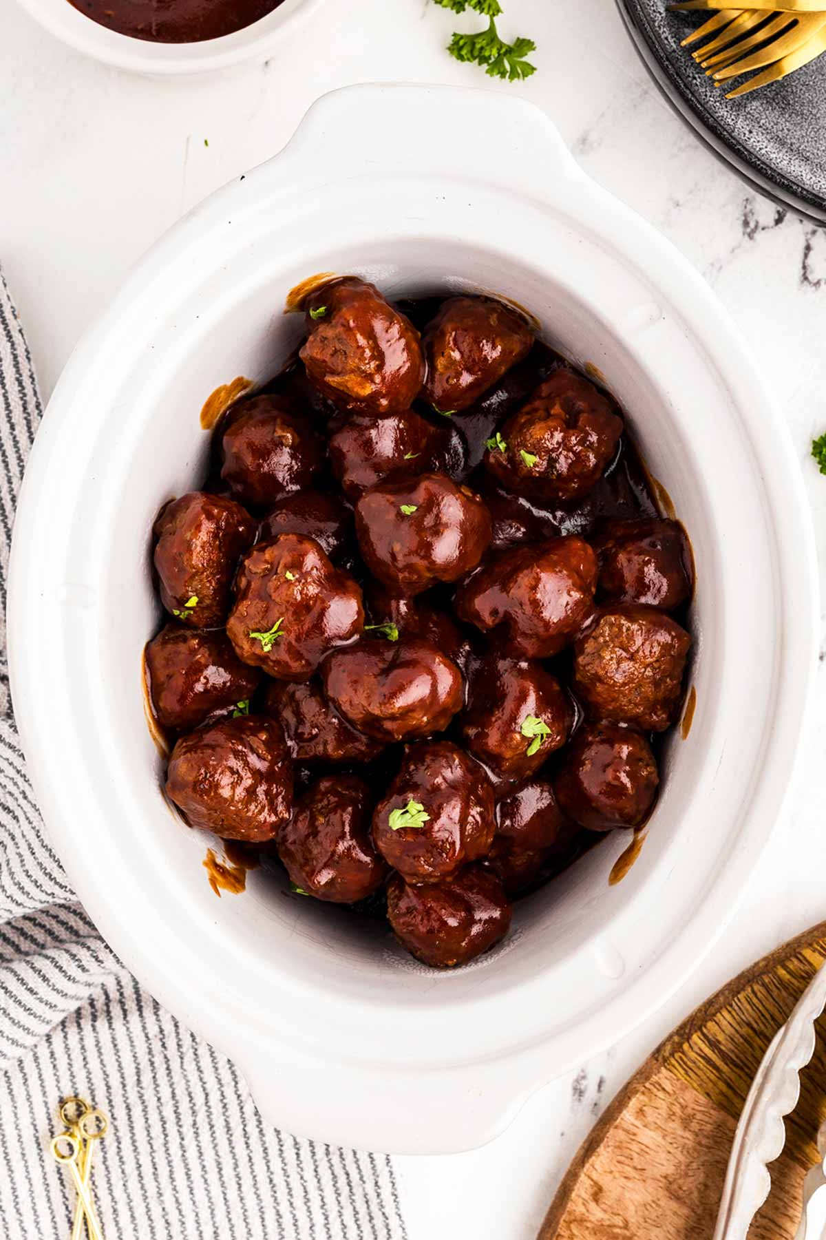 overhead view of bbq meatballs in slow cooker