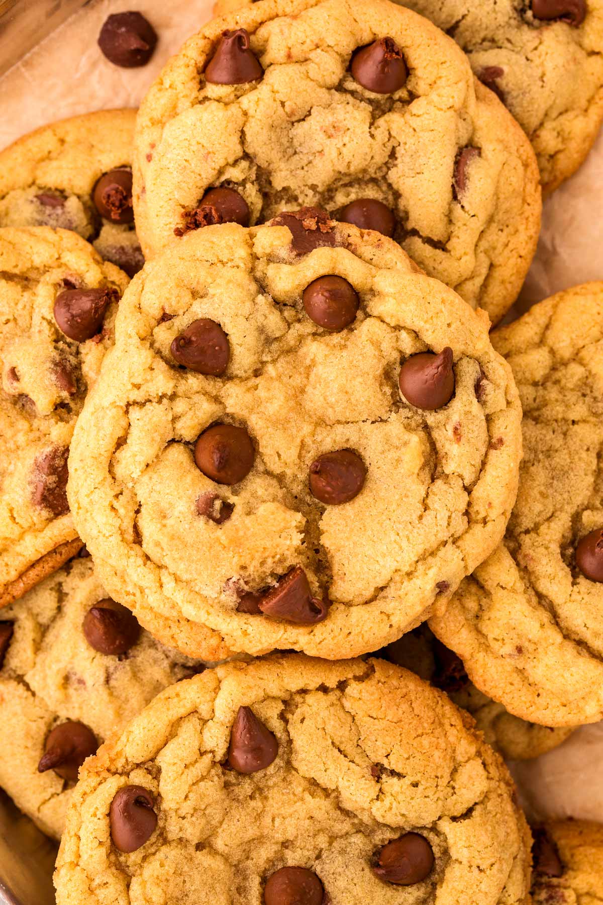 overhead view of pile of chocolate chip cookies