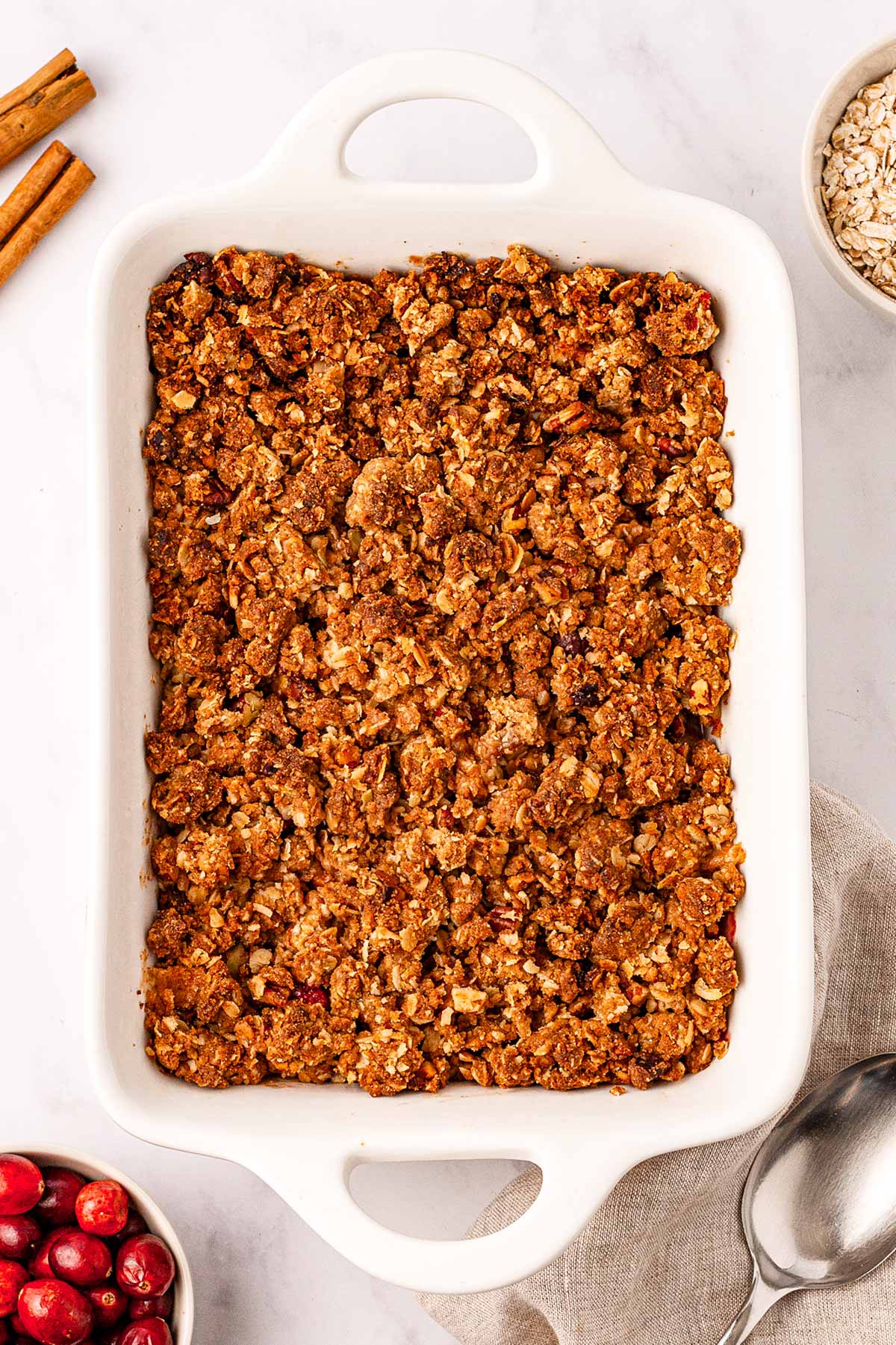 overhead view of baked cranberry apple crisp