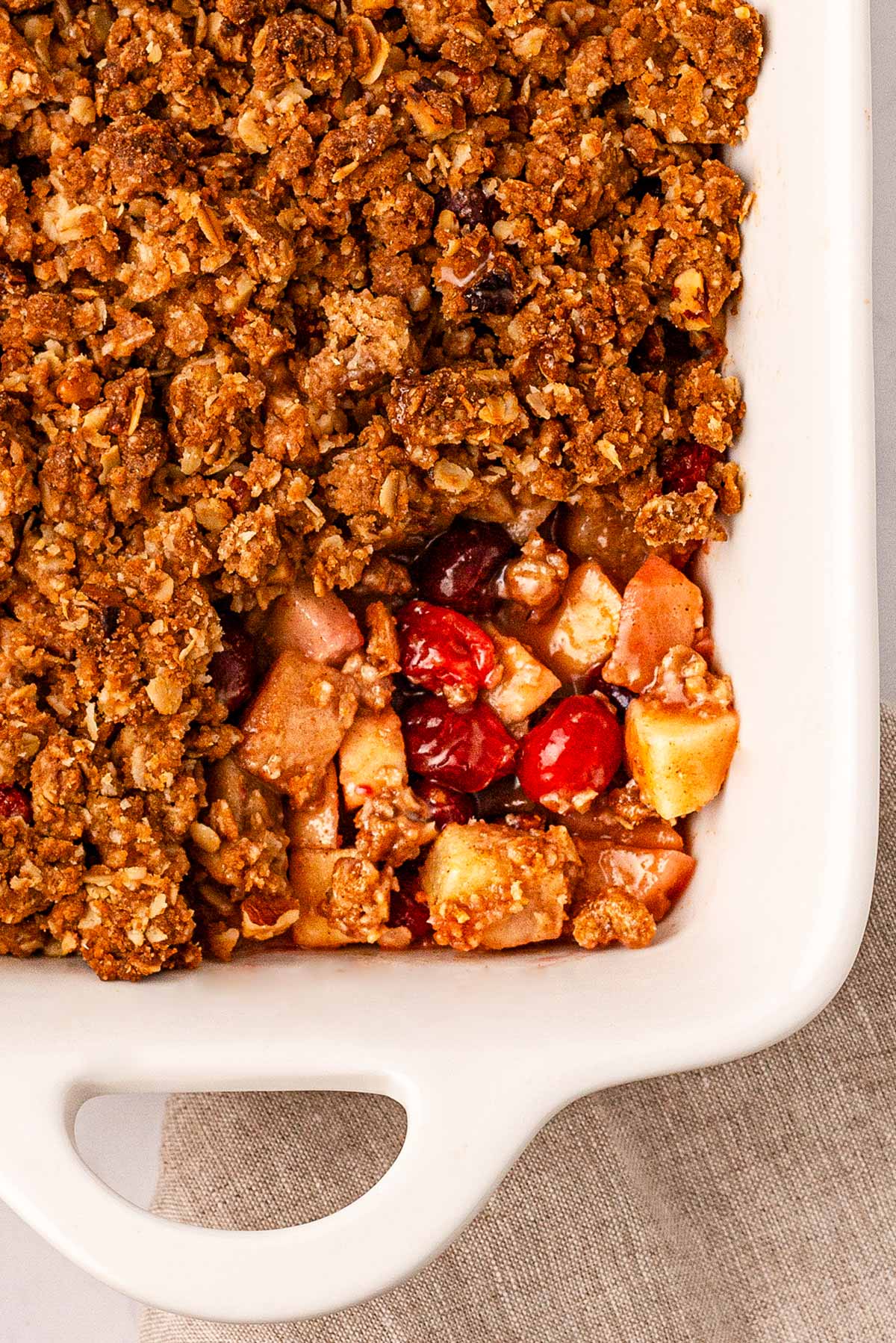 overhead close up photo of cranberry apple crisp