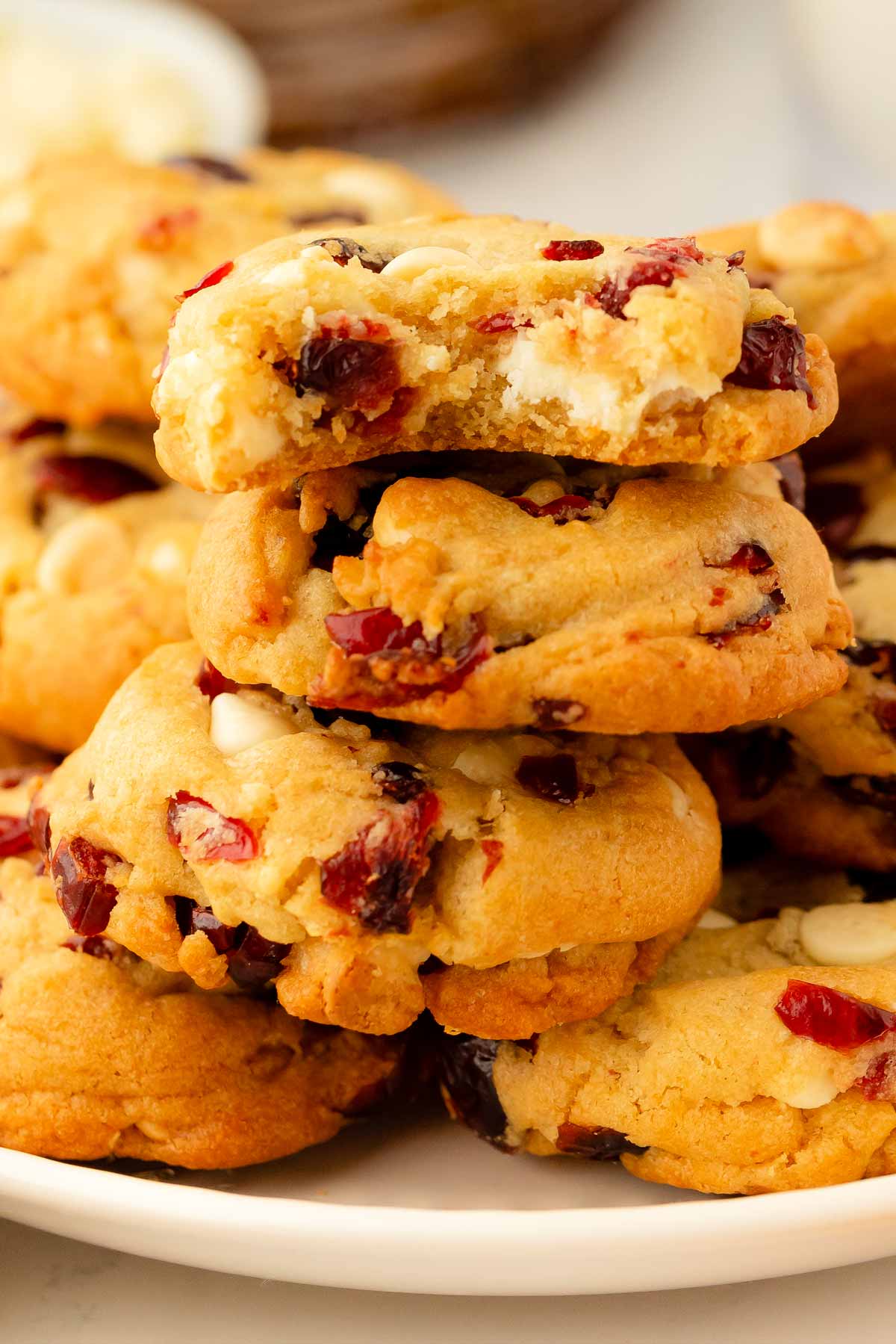 frontal view of cranberry white chocolate chip cookie stack