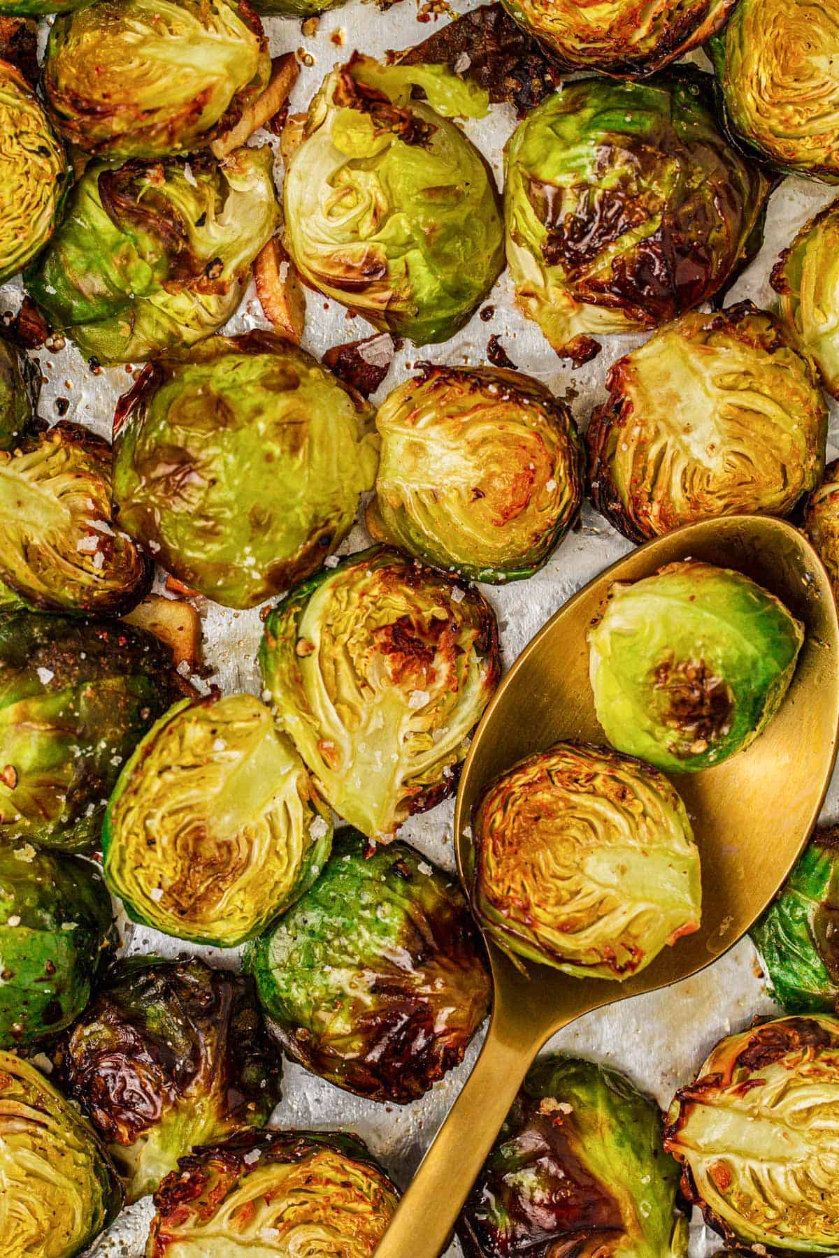 overhead close up of roasted Brussels sprouts