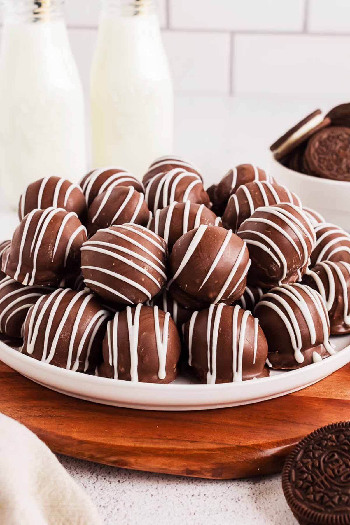 frontal view of Oreo ball stack on plate