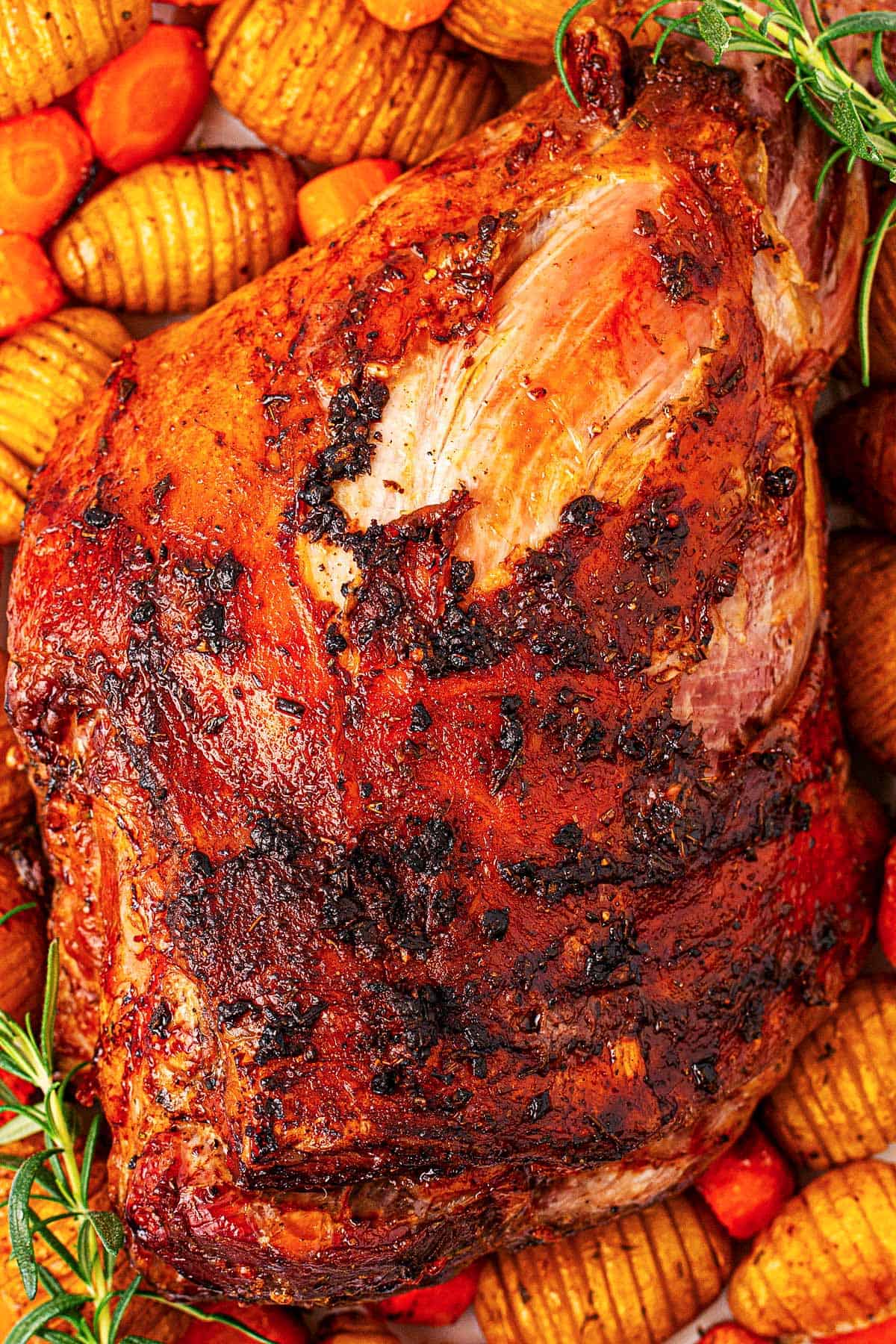 overhead close up of roasted leg of lamb