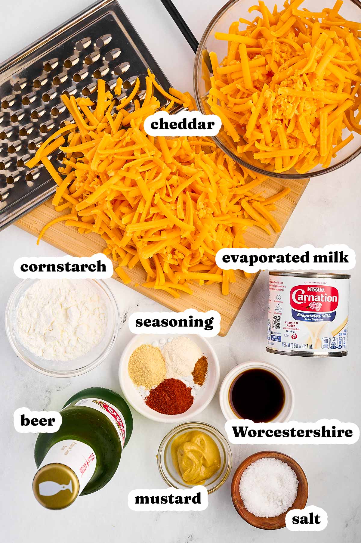 overhead view of ingredients to make beer cheese dip