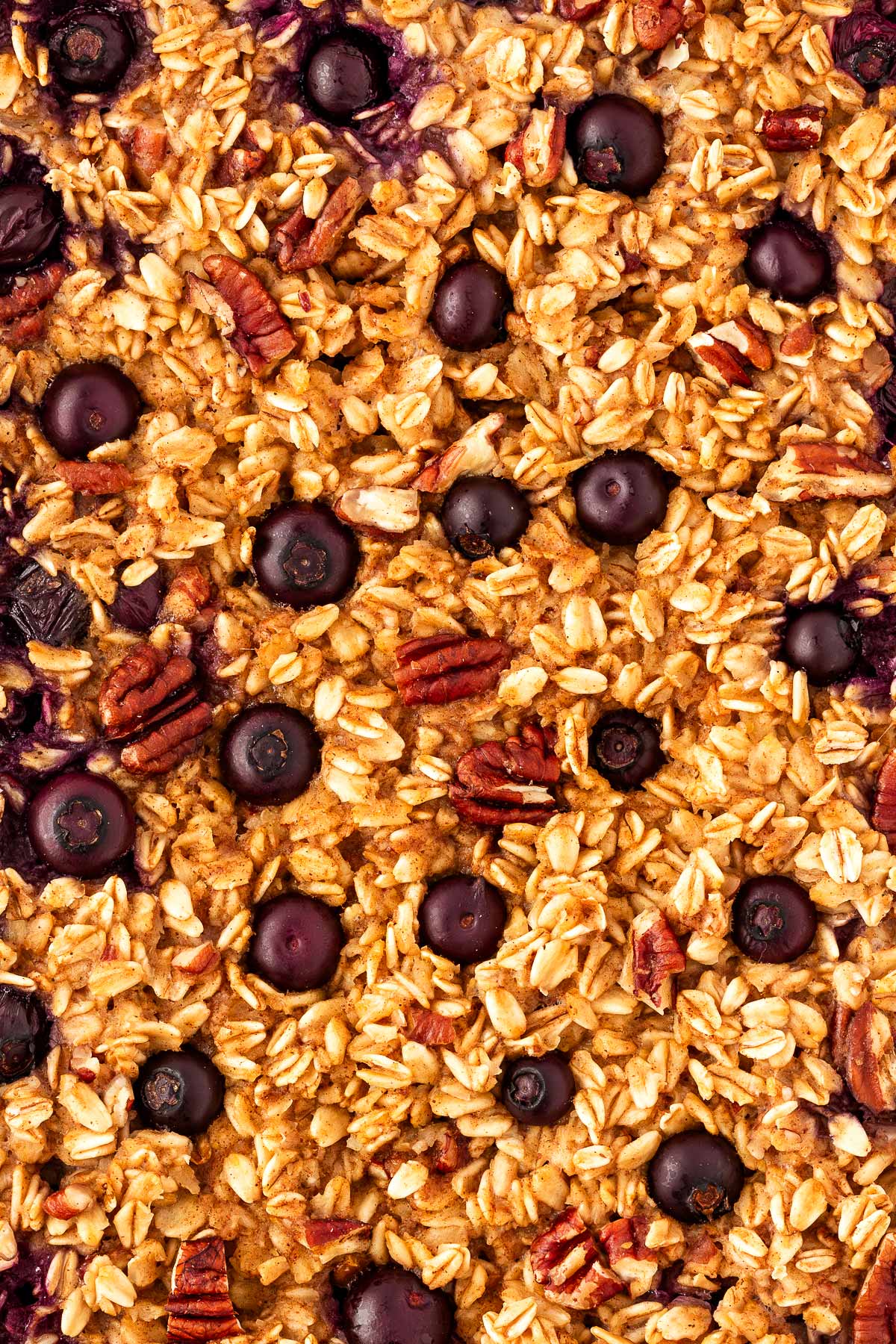 overhead close up view of blueberry baked oatmeal