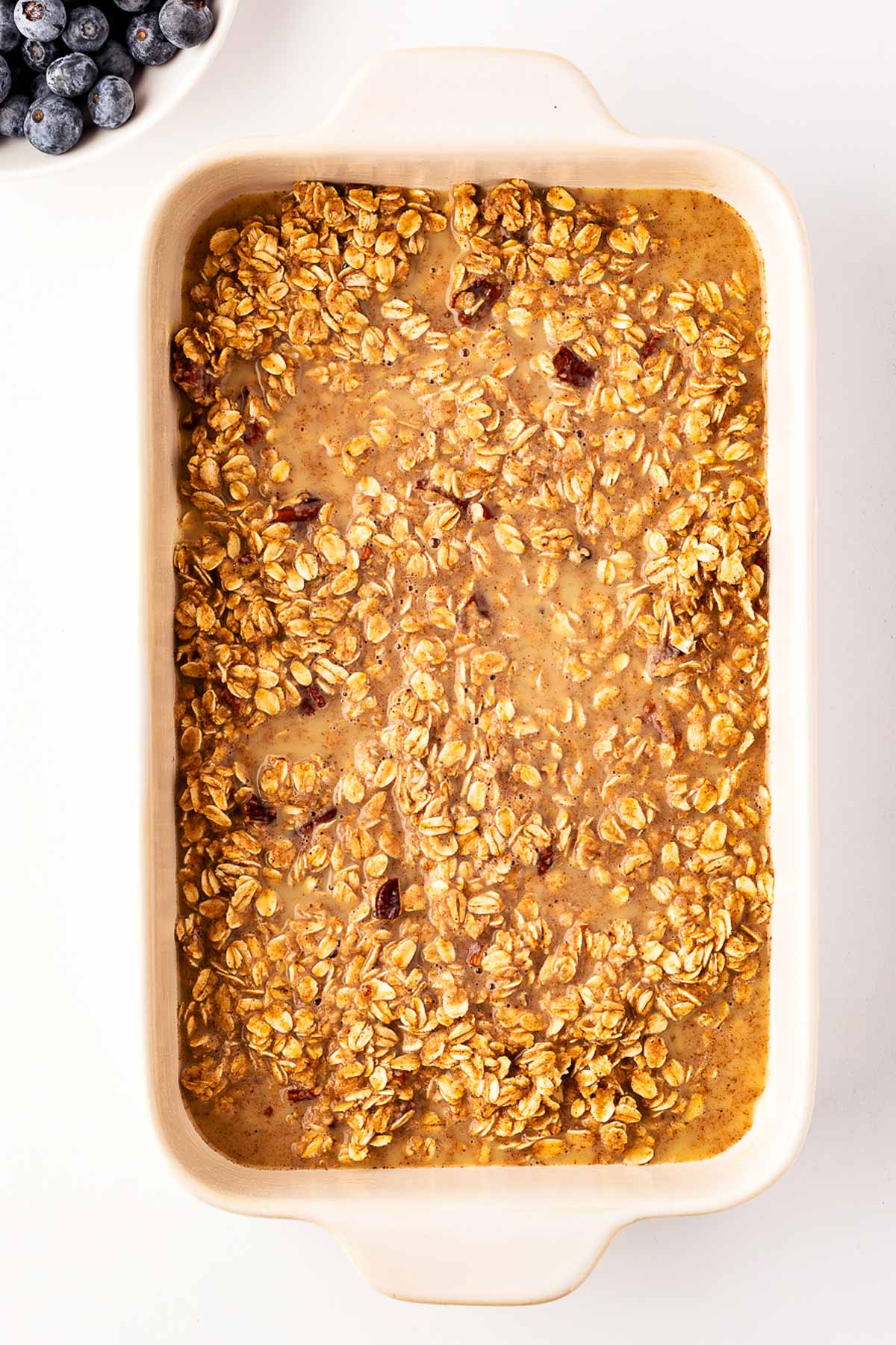 overhead view of oatmeal in baking dish