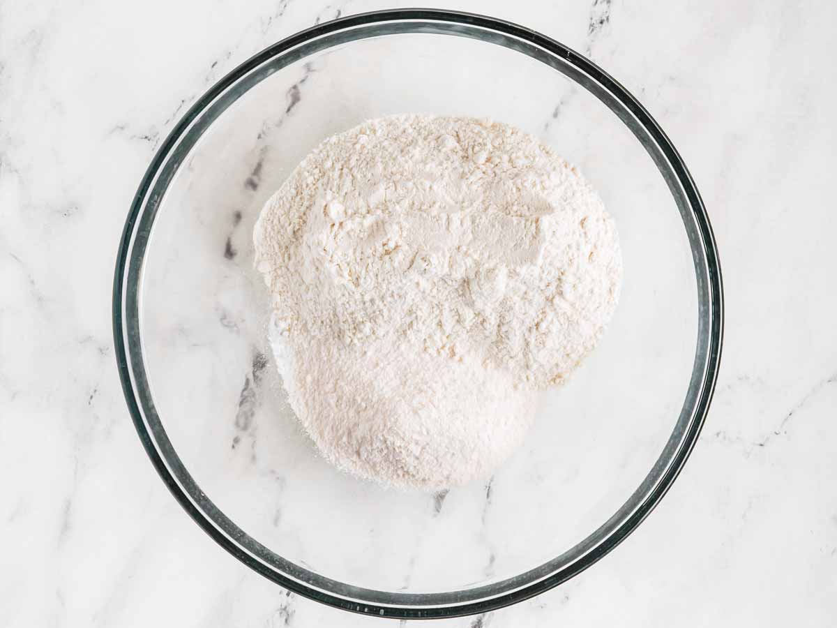 overhead view of cake mix in bowl