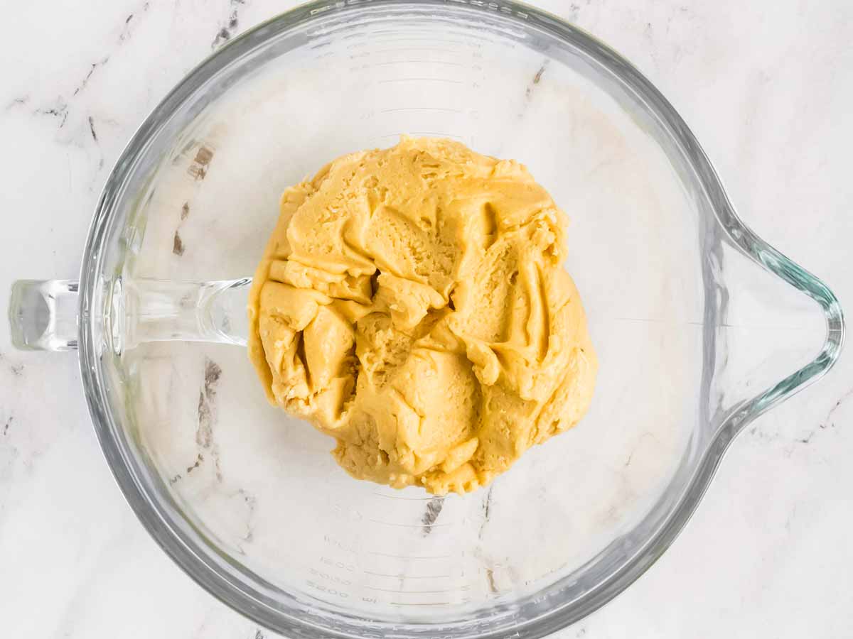 overhead view of cake mix cookie dough in bowl