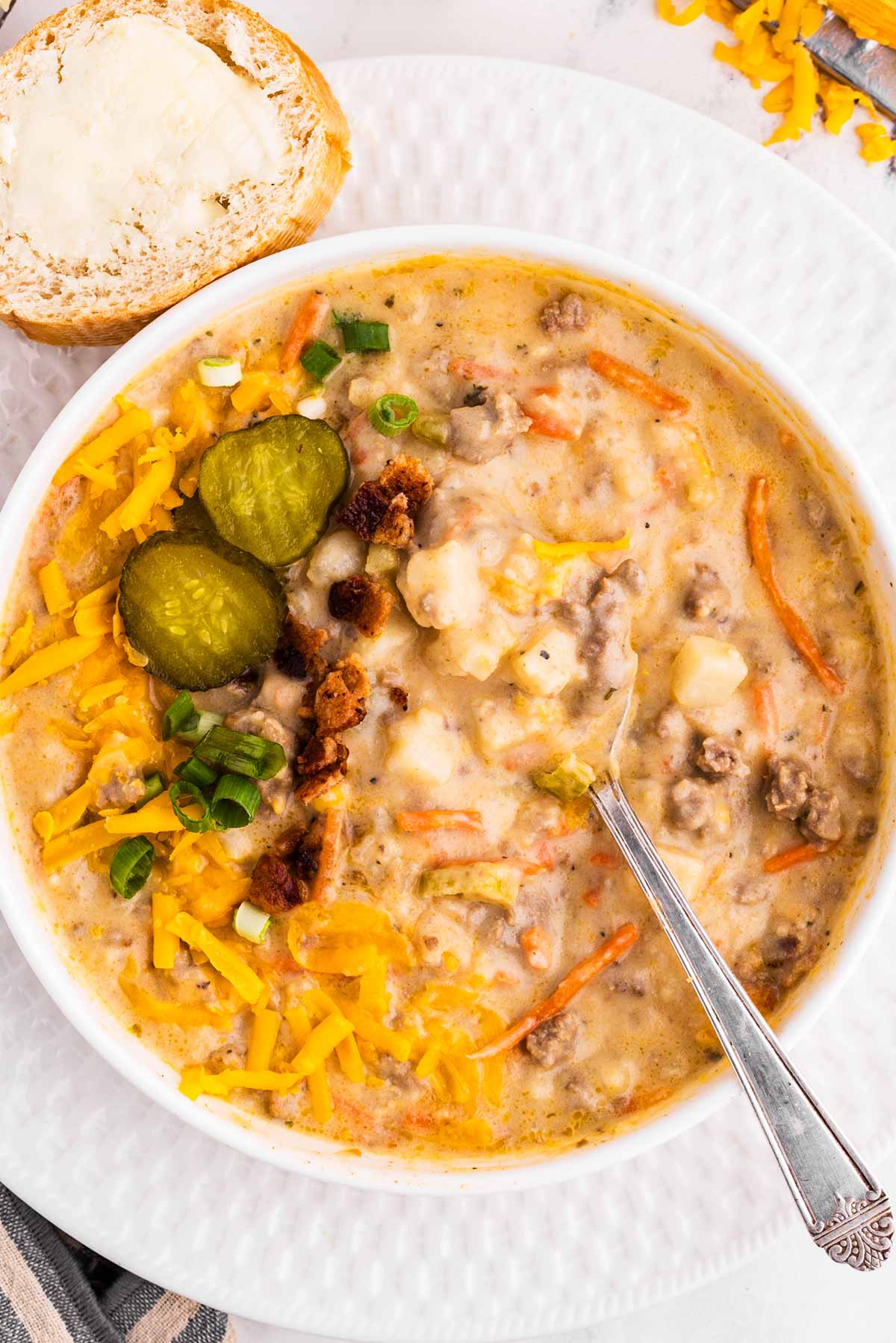 overhead view of bowl filled with cheeseburger soup