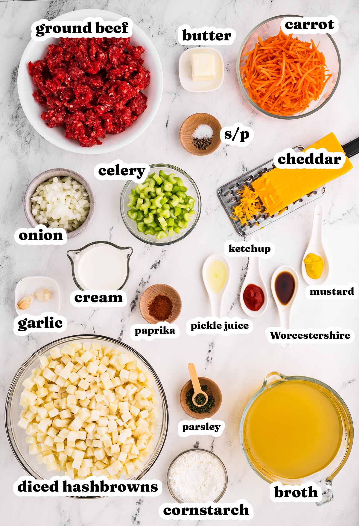 overhead view of ingredients to make cheeseburger soup with text labels