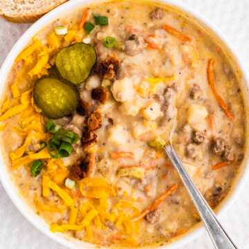 overhead view of bowl filled with cheeseburger soup