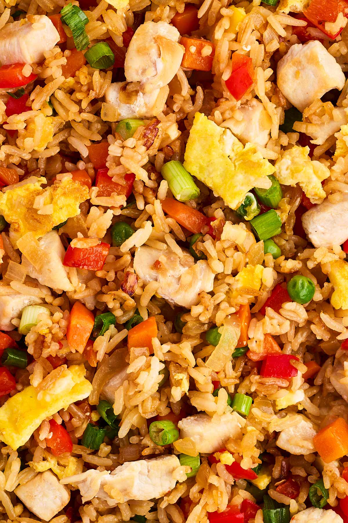 overhead close up view of chicken fried rice