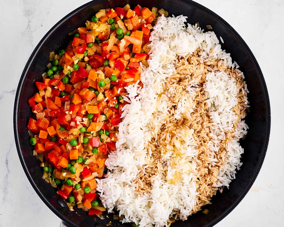 overhead view of vegetables and rice in skillet