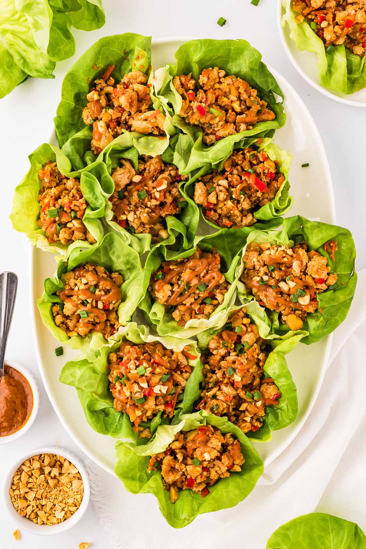 overhead view of chicken lettuce wraps on serving platter