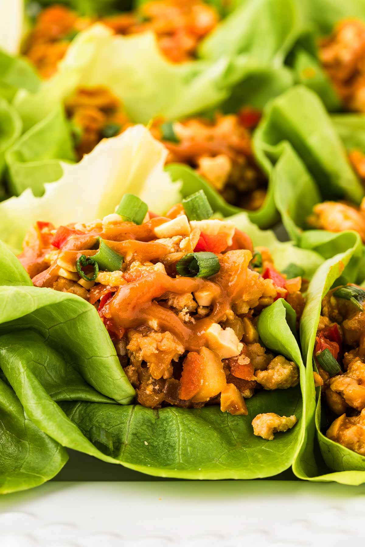 frontal close up view of chicken lettuce cups