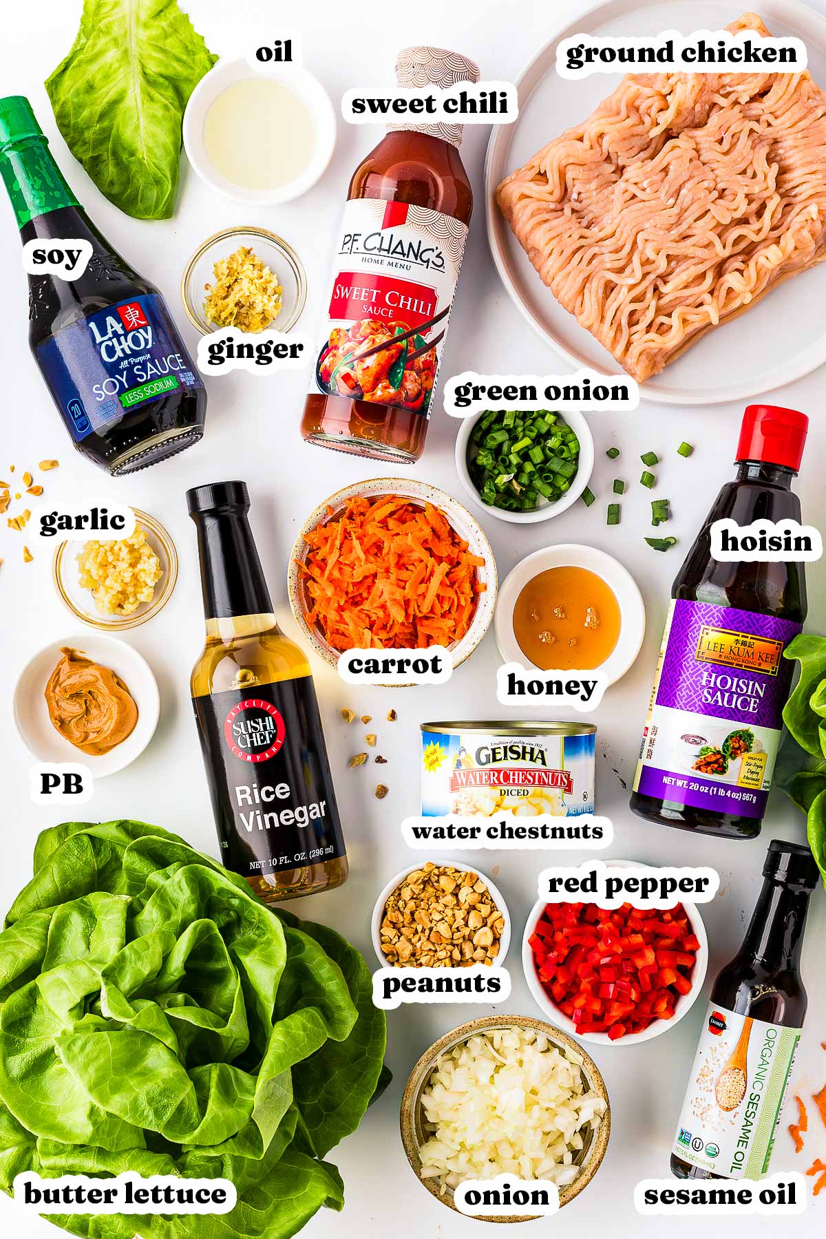 overhead view of ingredients to make pf chang copycat chicken lettuce wraps with text labels