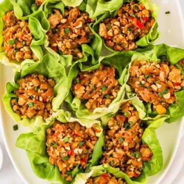 overhead view of chicken lettuce wraps on serving platter