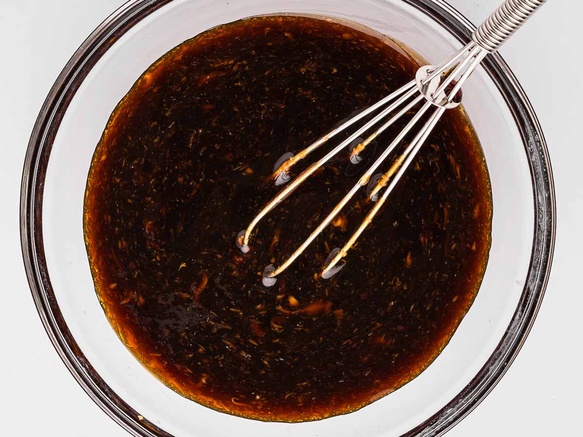 overhead view of stir fry sauce in bowl