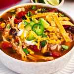 frontal view of chicken tortilla soup in bowl