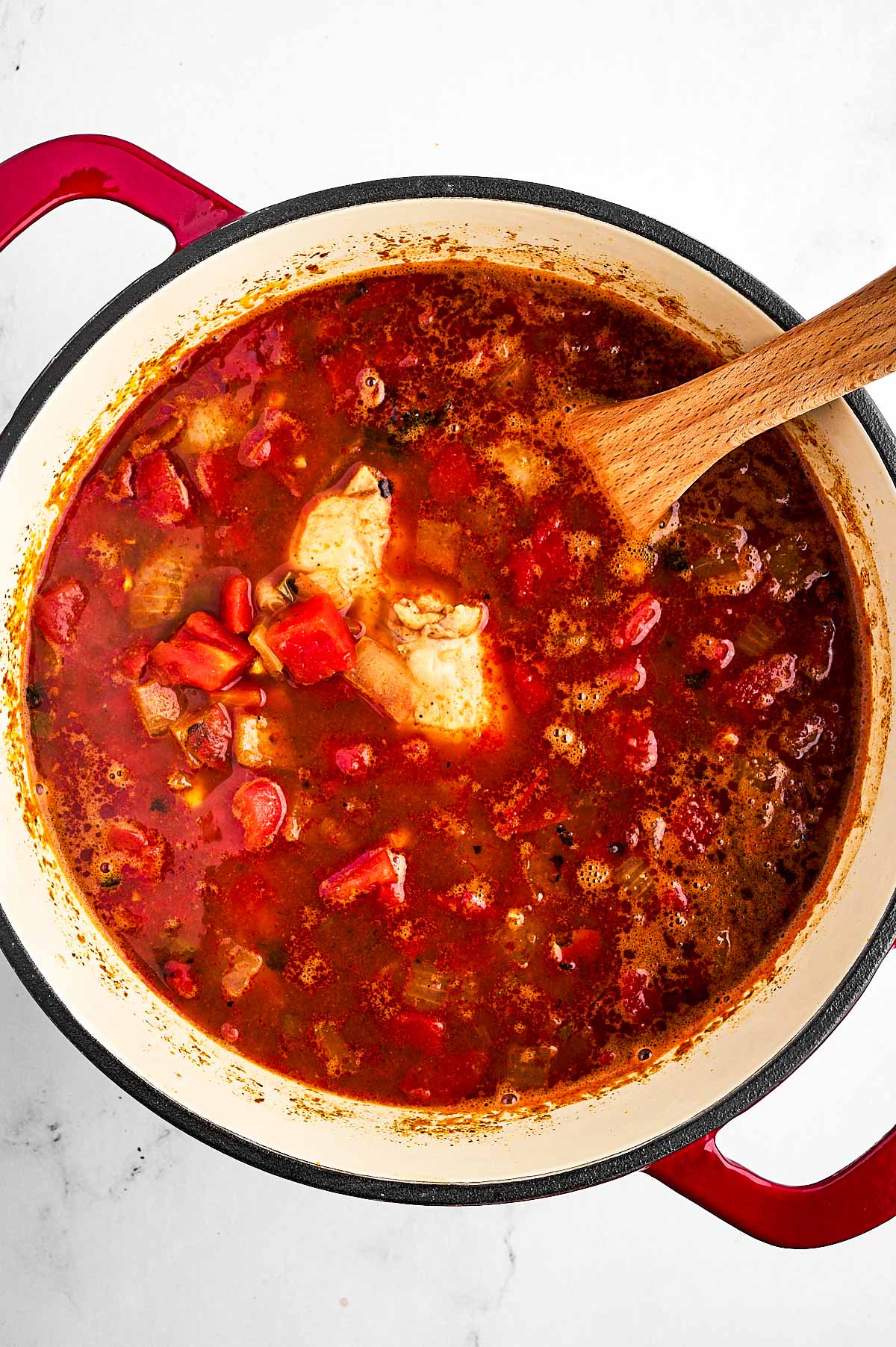 overhead view of cooked chicken in tomato broth