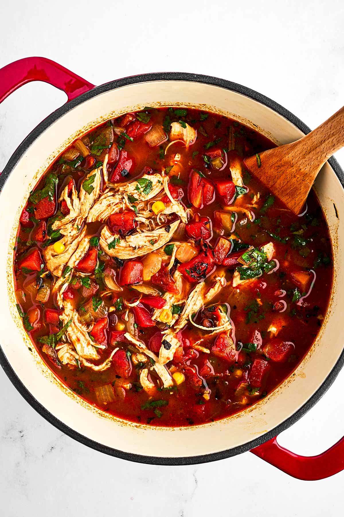 overhead view of chicken tortilla soup in pot