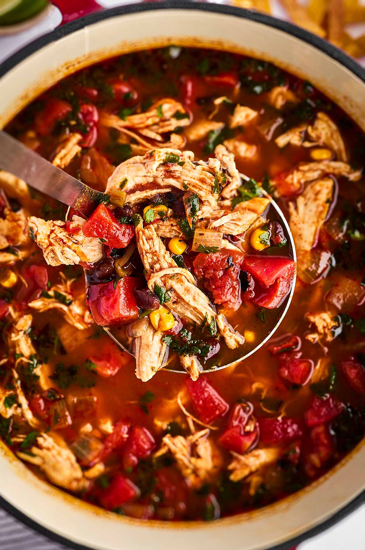 overhead view of ladle over chicken tortilla soup in pot