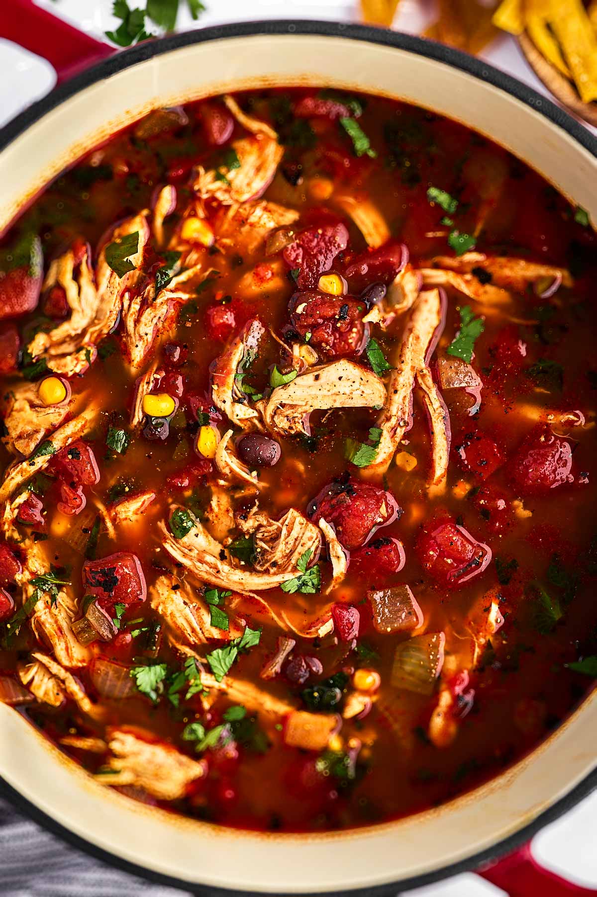 overhead view of chicken tortilla soup in red pot