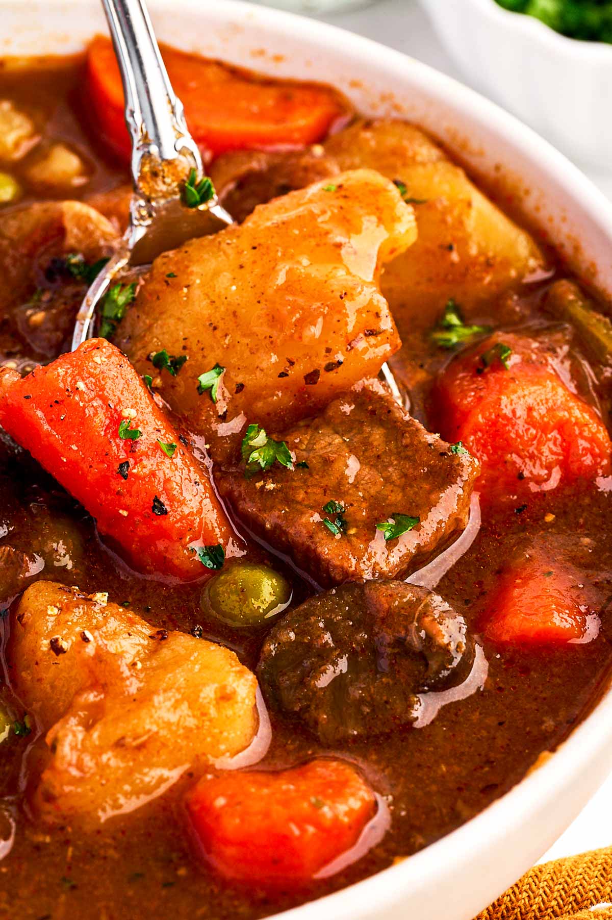 frontal close up view of beef stew