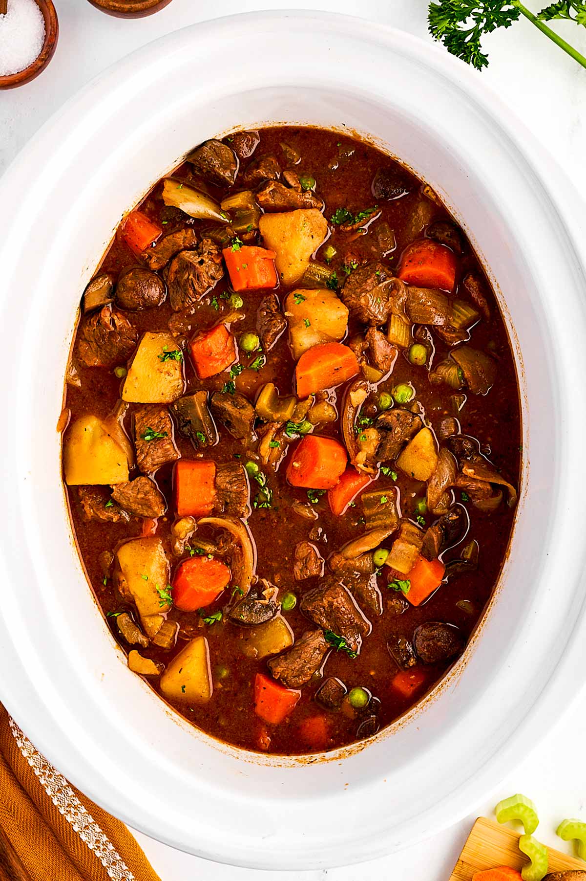 overhead view of beef stew in slow cooker