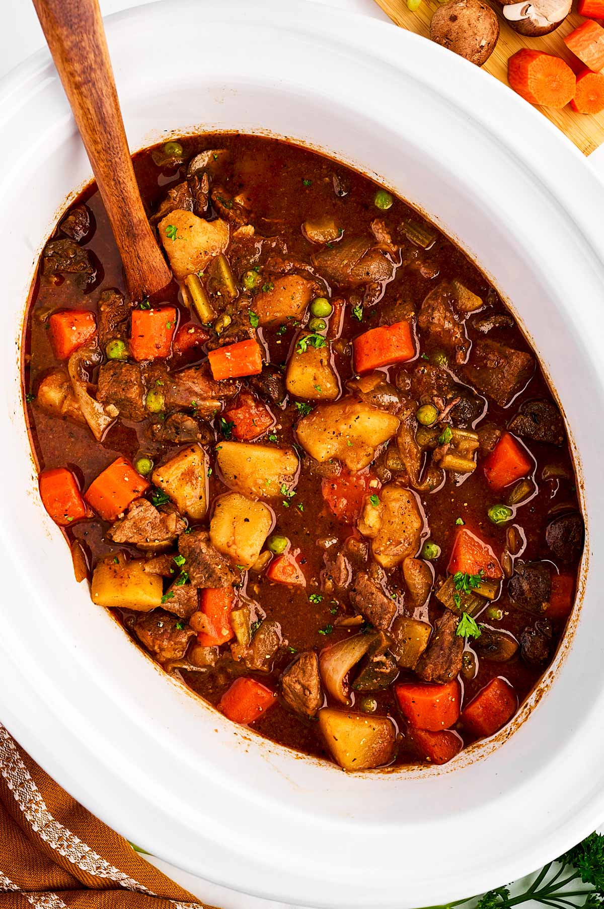 overhead close up view of beef stew in slow cooker