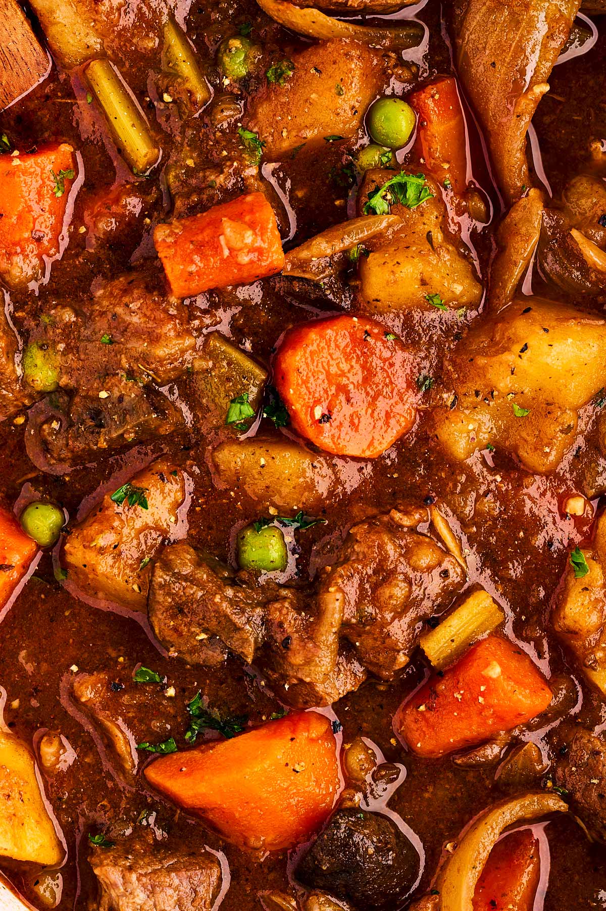 overhead close up view of slow cooker beef stew