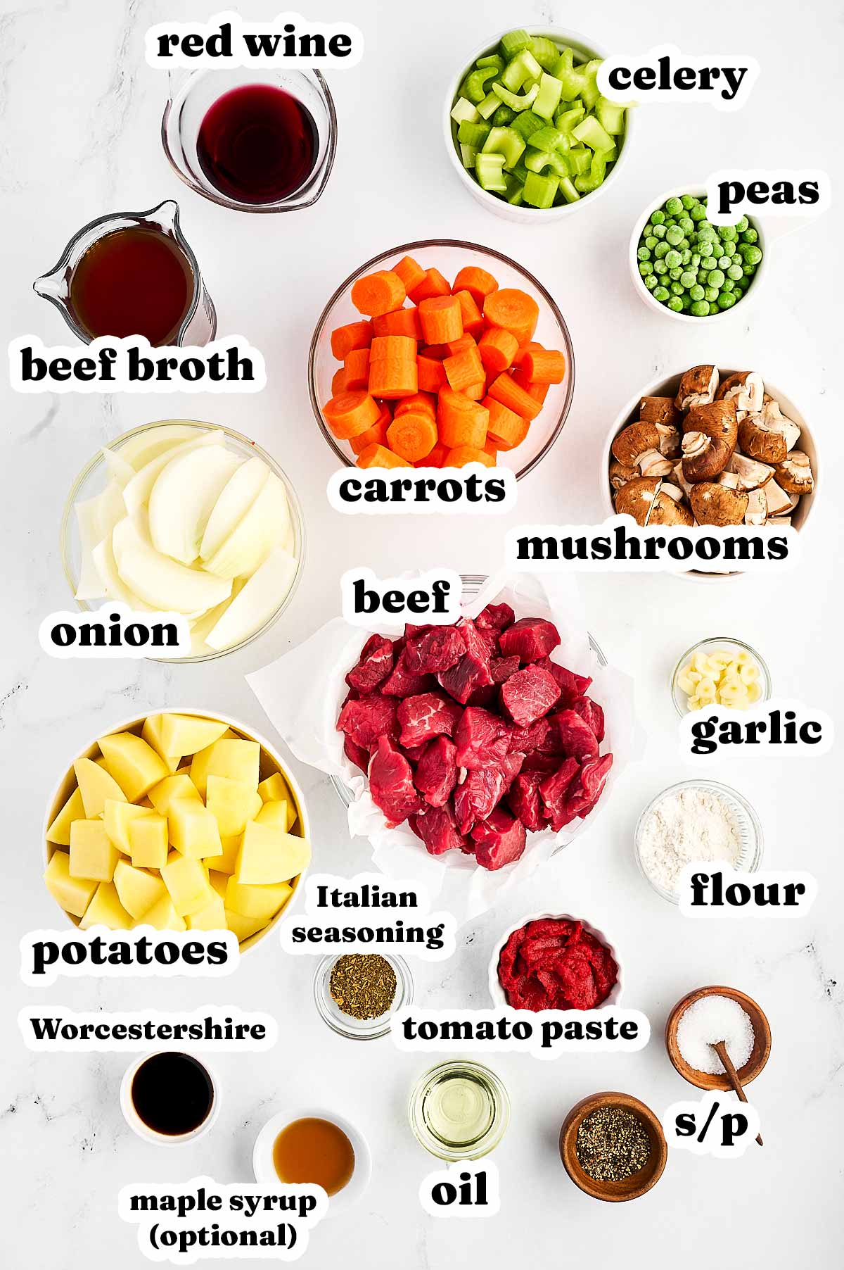 overhead view of ingredients to make crockpot beef stew with text labels