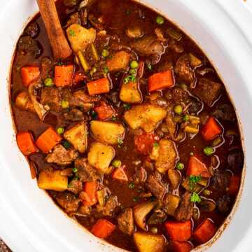 overhead close up view of beef stew in slow cooker