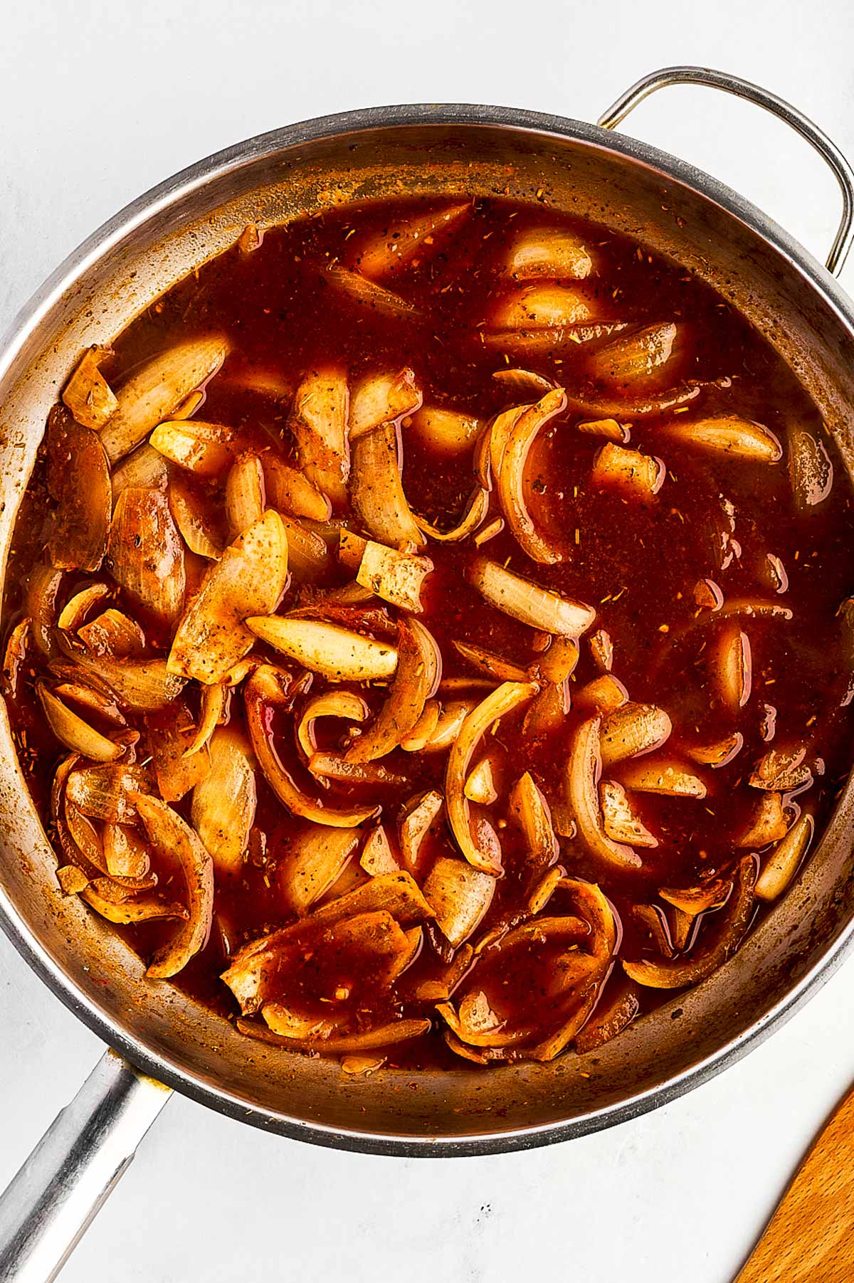 overhead view of stew gravy base in skillet