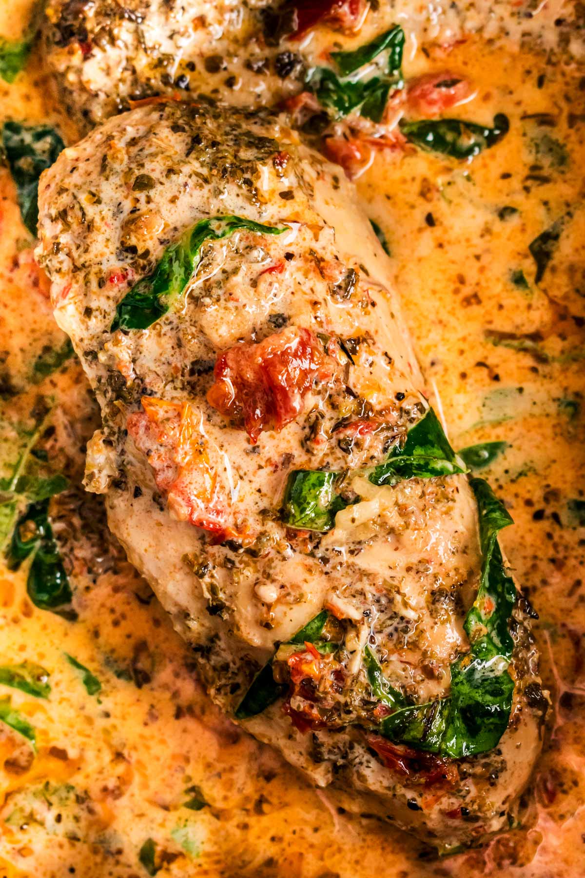 close up view of tuscan chicken breast