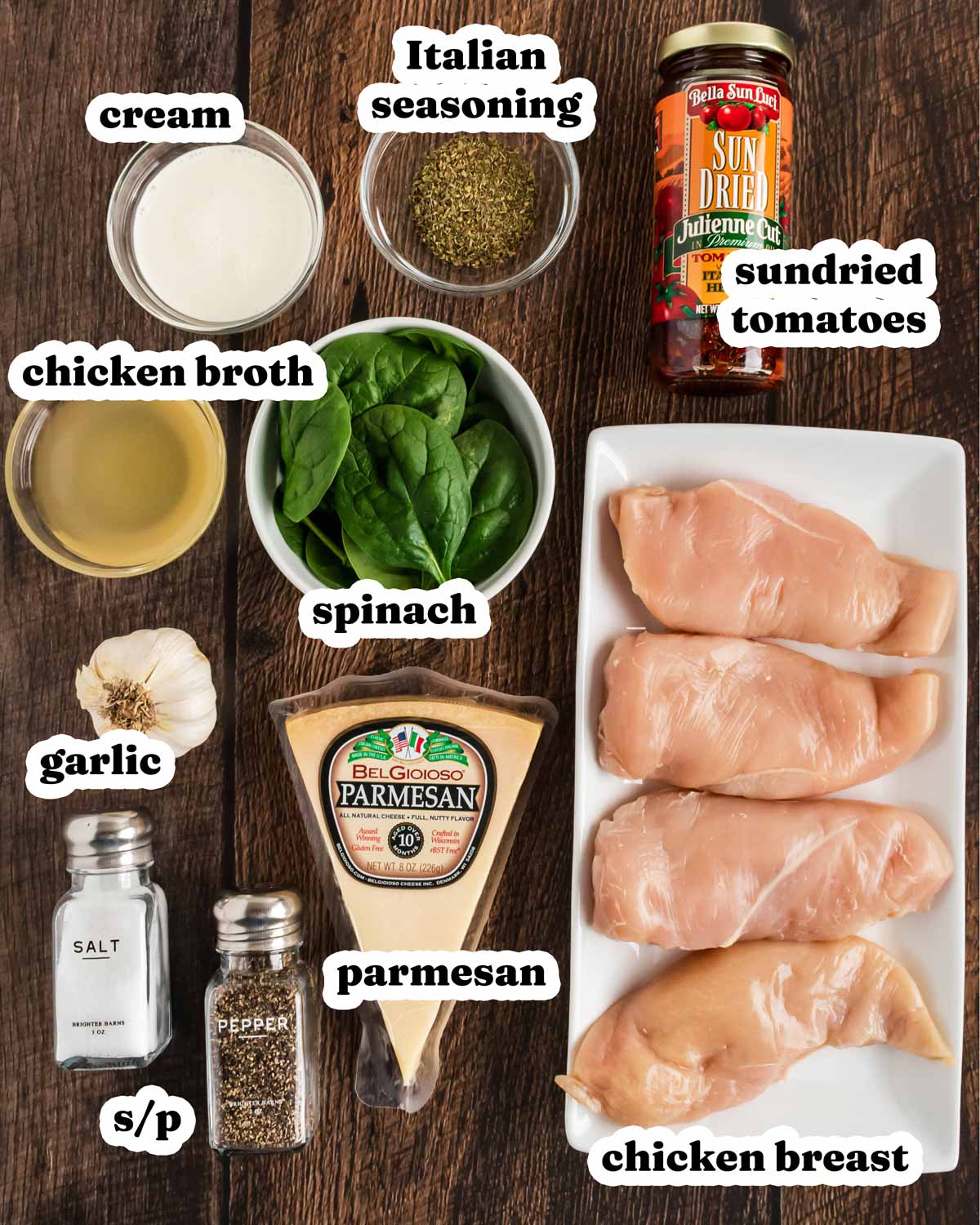 overhead view of ingredients to make crockpot tuscan chicken with text labels