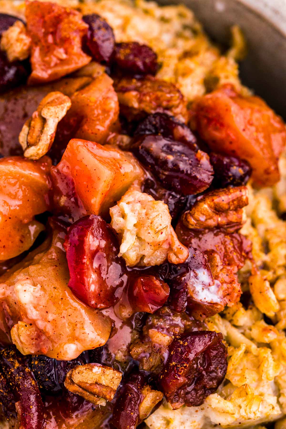 frontal close up view of apple topping on oatmeal