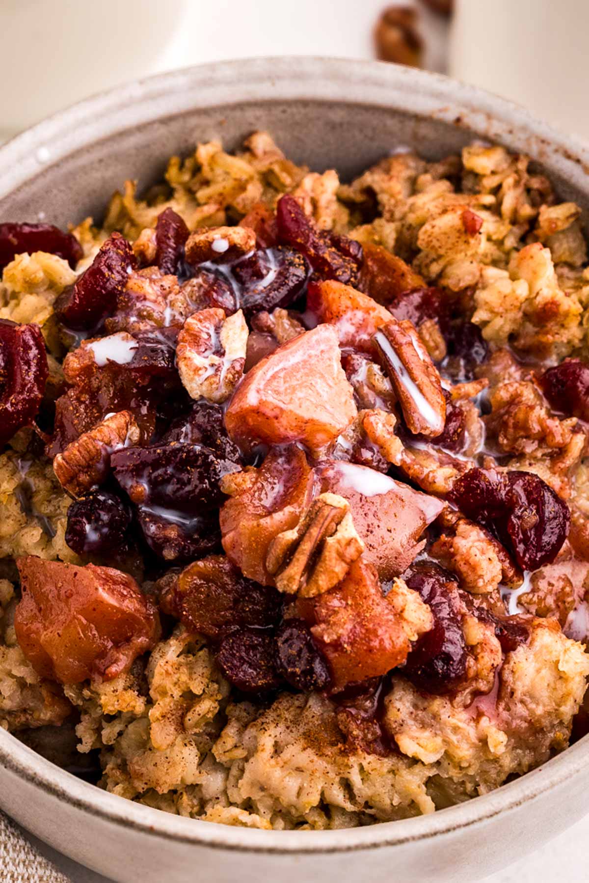 frontal view of bowl with apple cinnamon oatmeal