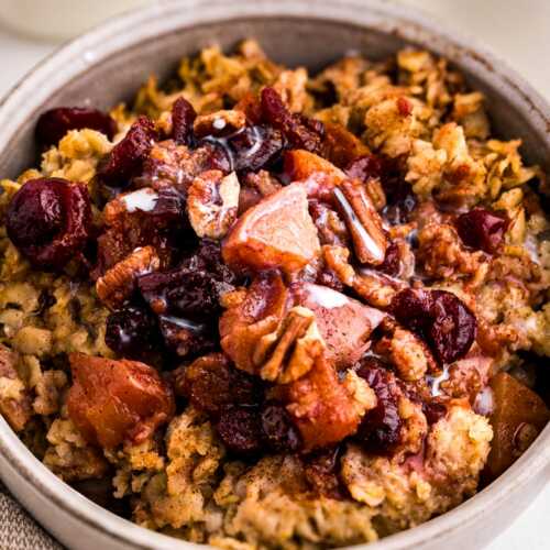 frontal view of bowl with apple cinnamon oatmeal