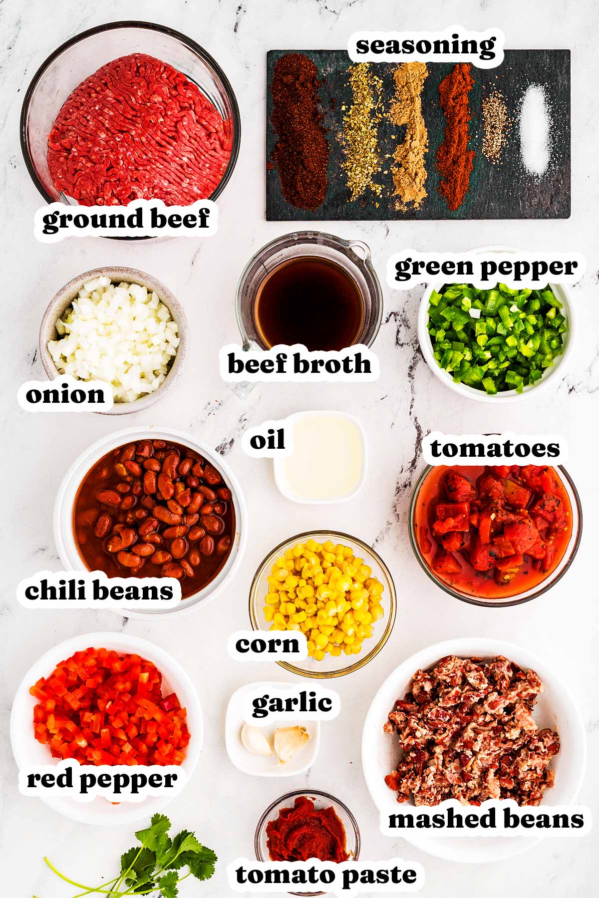 overhead view of ingredients to make crockpot ground beef chili with text labels