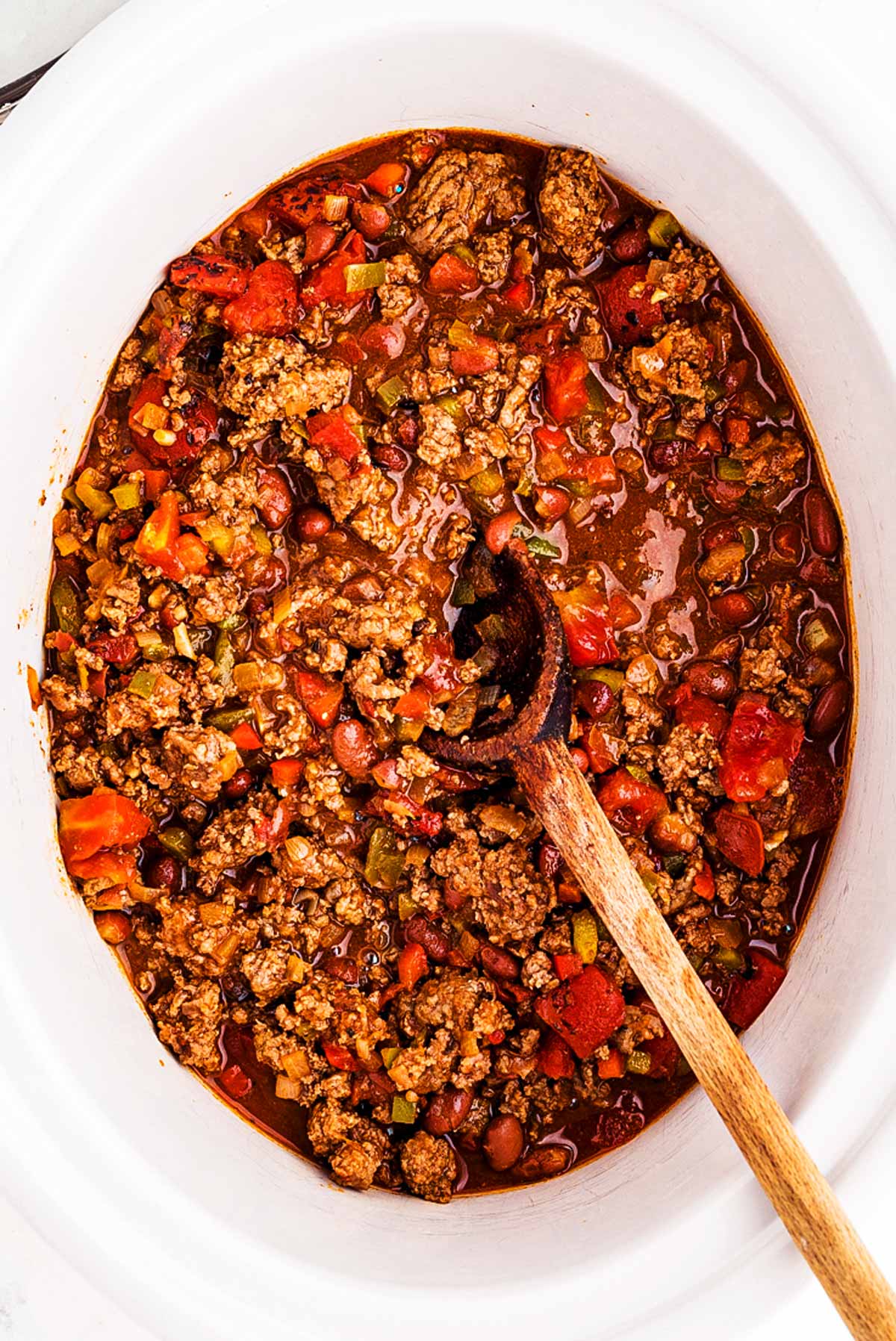 overhead view of cooked chili in slow cooker