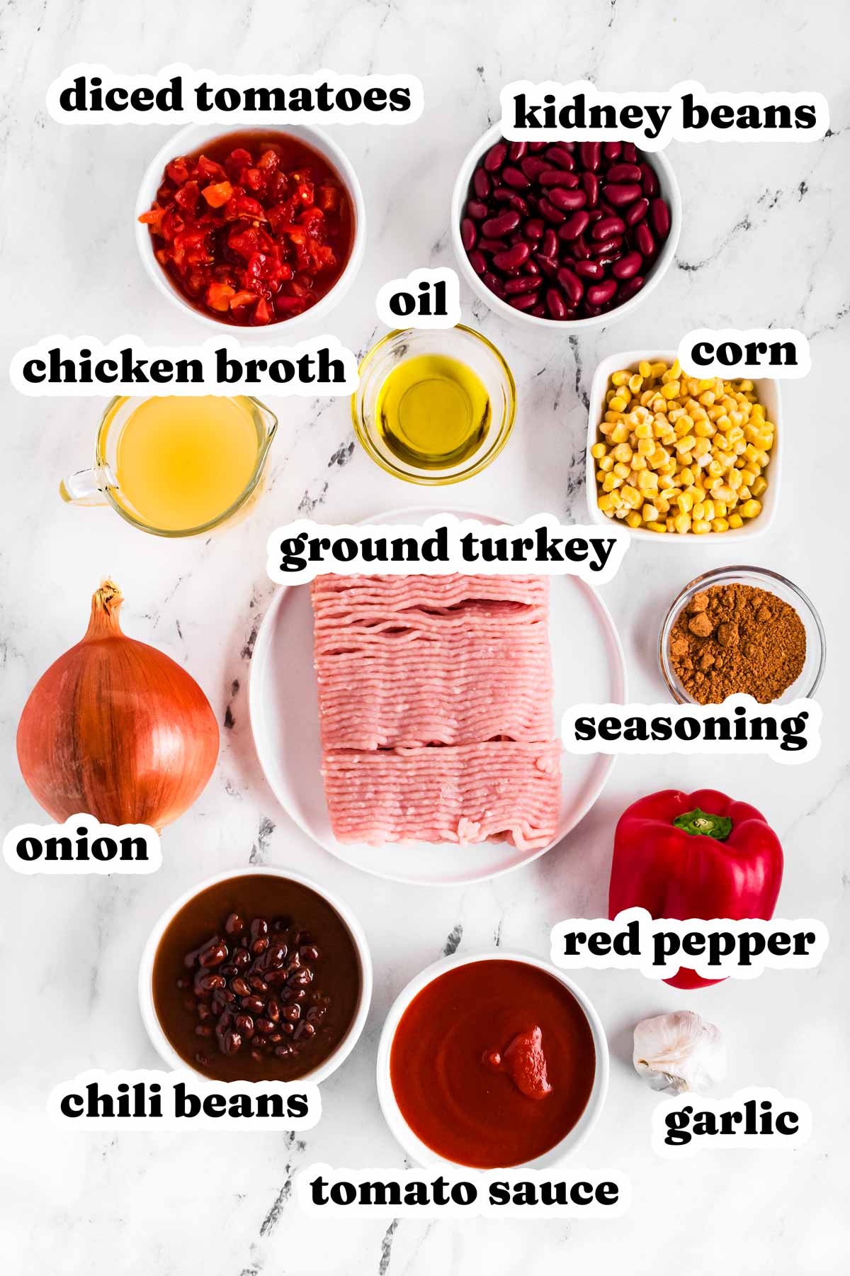 overhead view of ingredients to make crockpot turkey chili with text labels