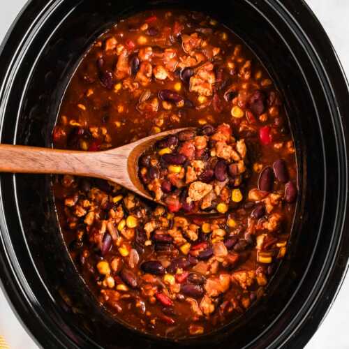 overhead view of turkey chili in slow cooker