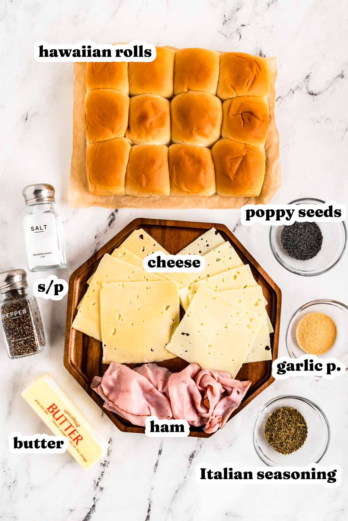 overhead view of ingredients to make garlic herb ham sliders with text labels